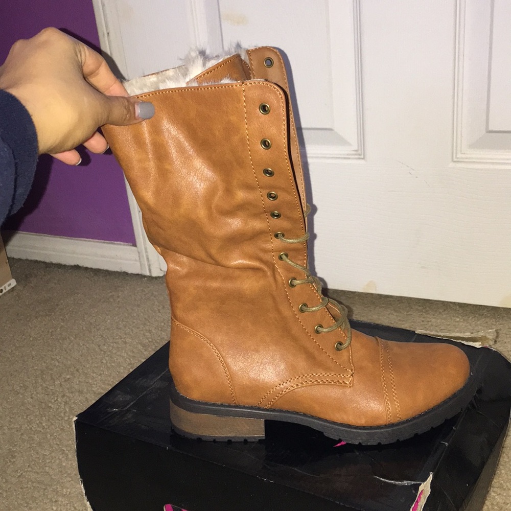 Brown fur combat boots